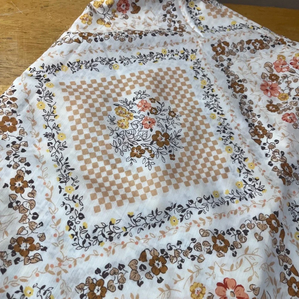 Vtg Thomaston New Era Queen Flat Sheet Floral Checkered Brown Tan Orange USA